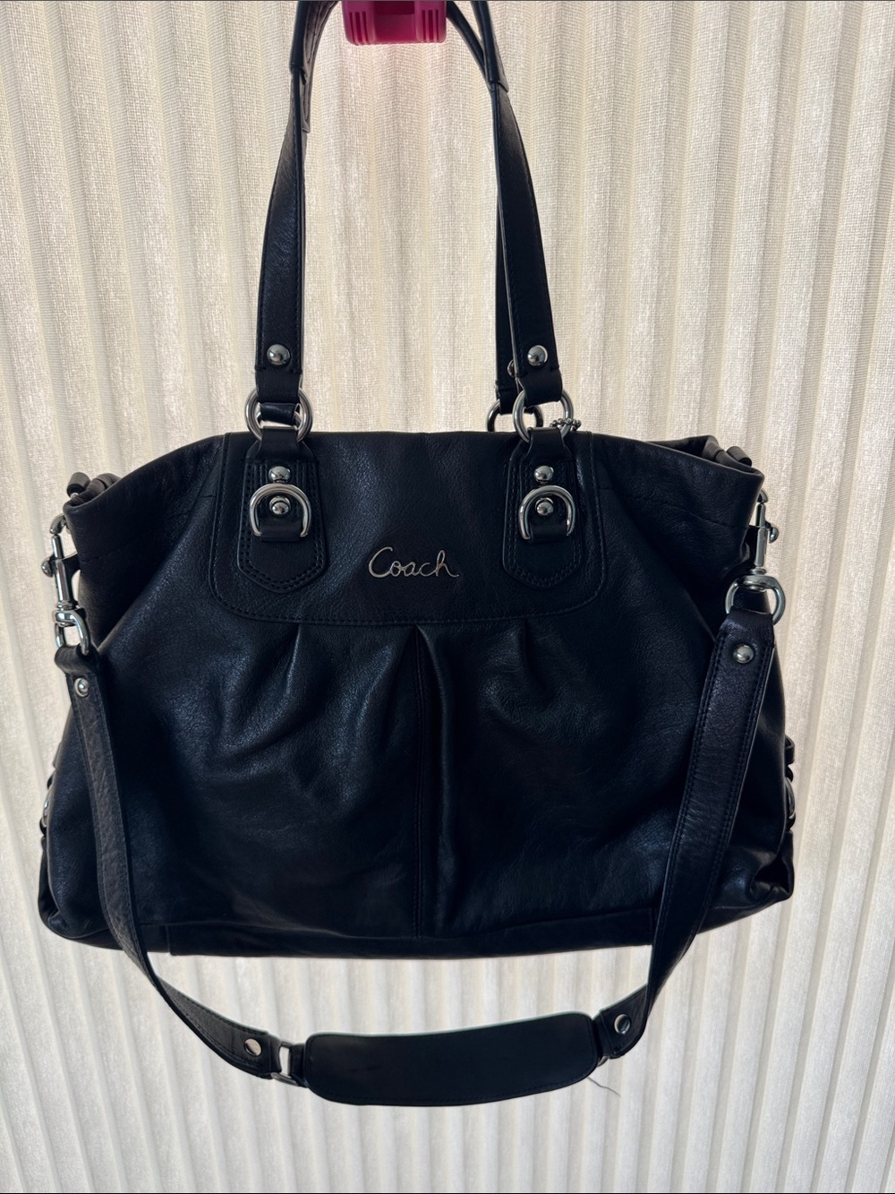 Coach Black Leather Shoulder Tote with Detachable Strap